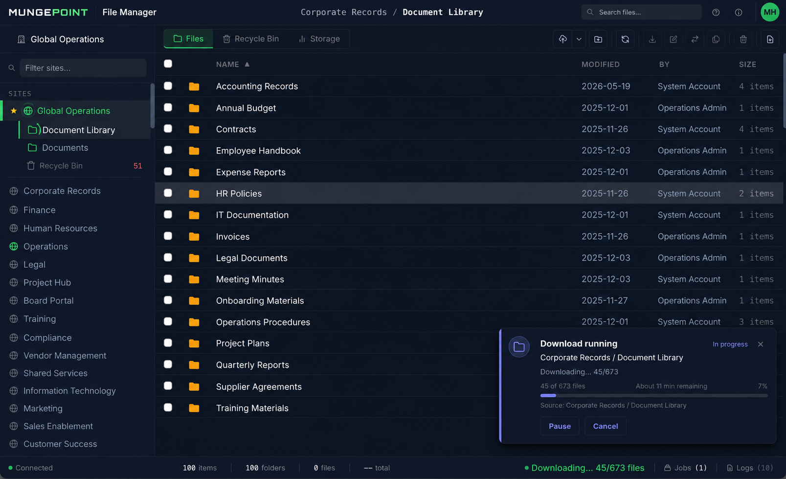MungePoint File Manager running a bulk download of 673 files from a SharePoint document library, with live progress, the site list, and the file table