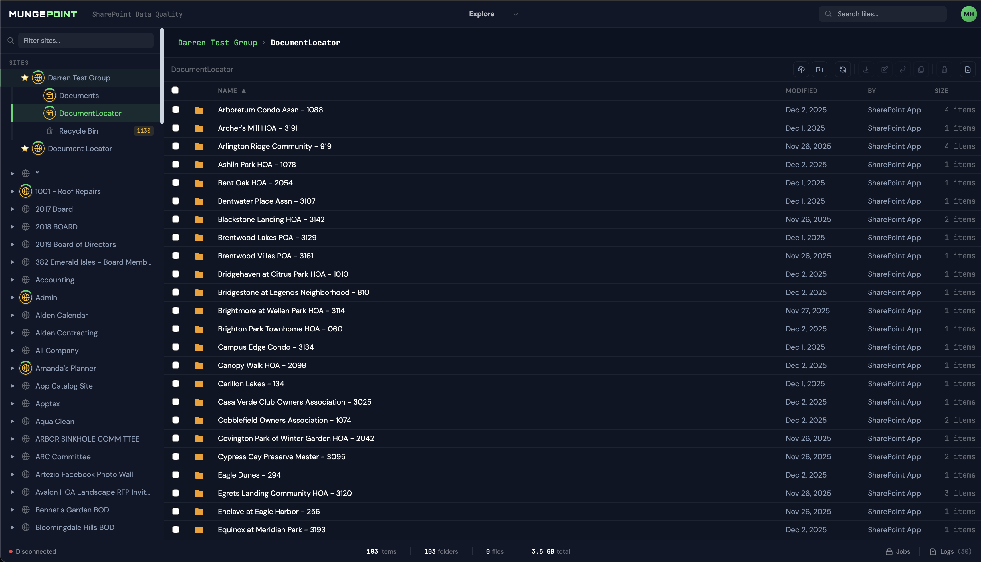 MungePoint site explorer — browse and manage files across SharePoint sites